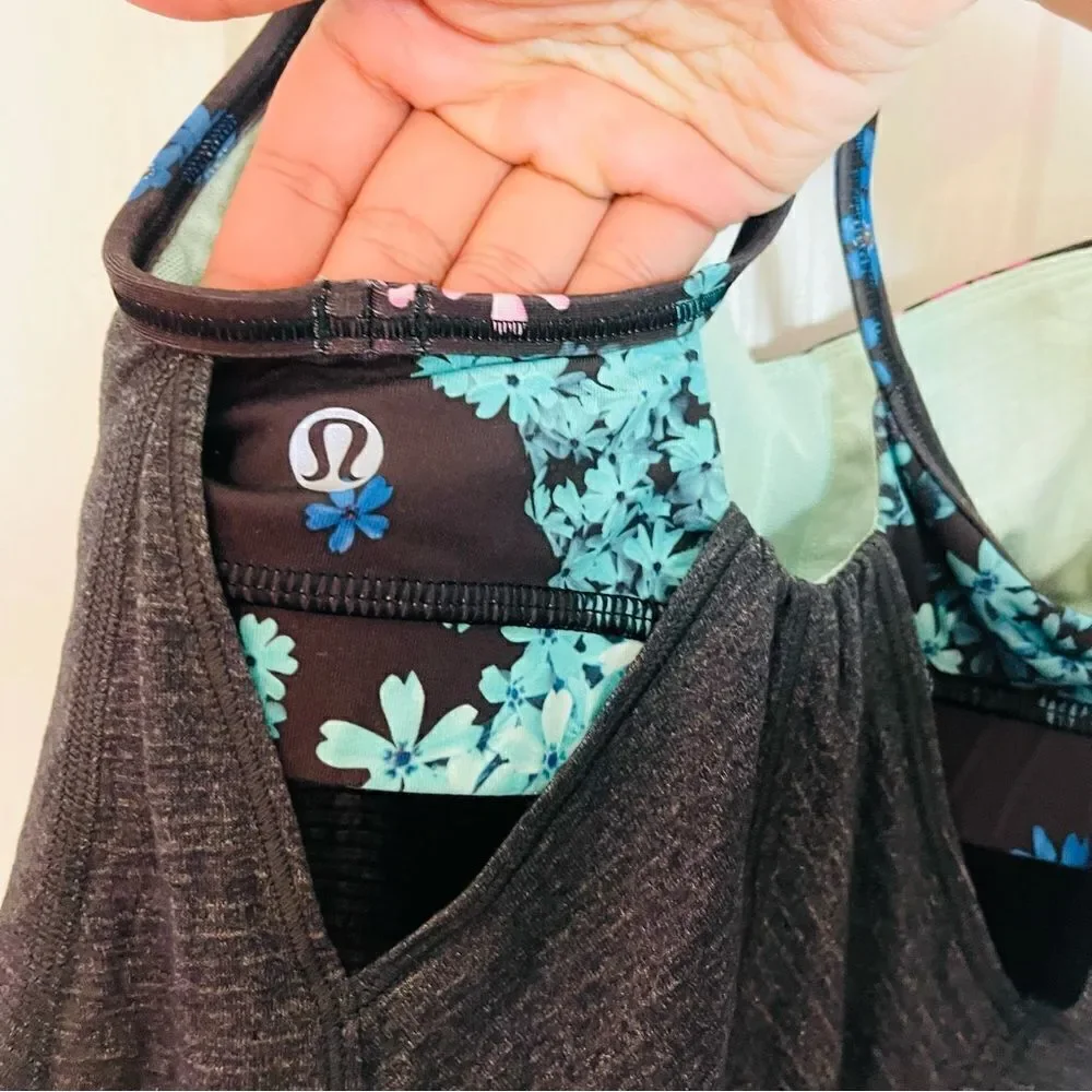 EUC Lululemon Roll Out Tank in Heathered Black / Petal Pop 2